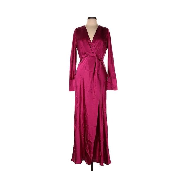 Banana Republic 100% Silk Long Sleeve High Slit Pink Maxi Dress Size 12 - Picture 3 of 13
